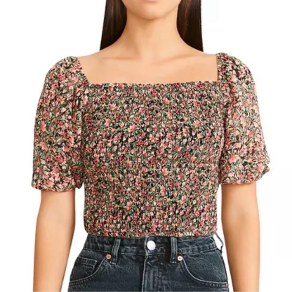 BB Dakota Black Floral Smocked Square-Neck Crop Top